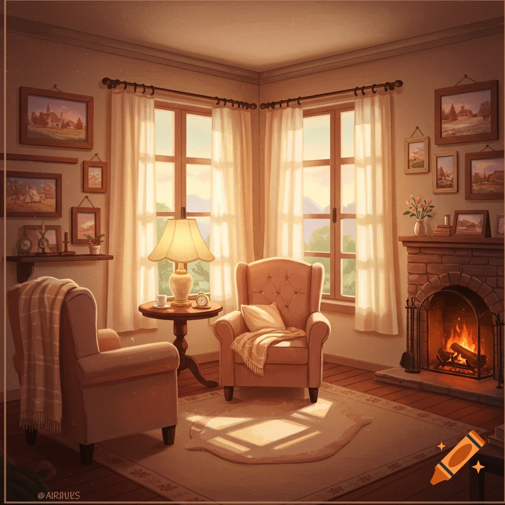 A cozy living room with armchairs, a fireplace, and sunny windows.