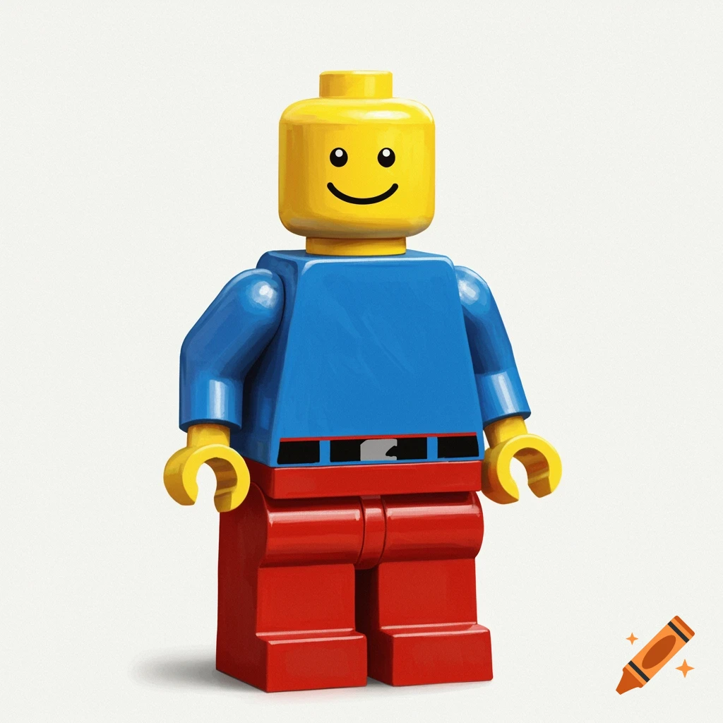 A classic Lego minifigure smiling, with blue shirt and red pants, on a white background.