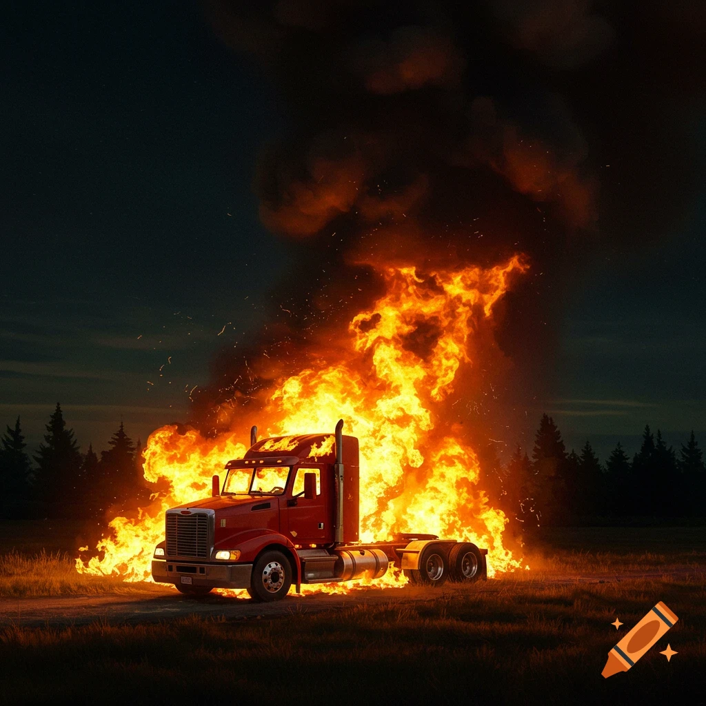 A red semi-truck is engulfed in large flames in a field at night.
