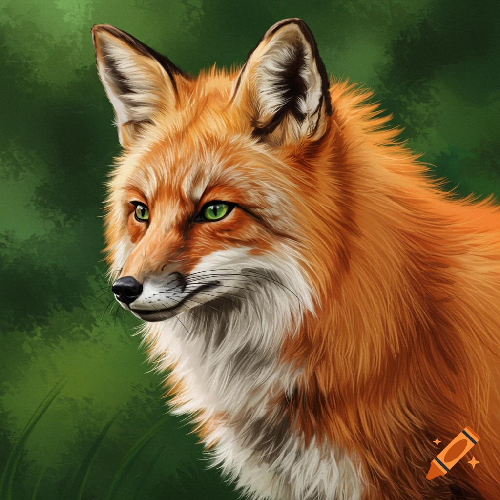 A fox with green eyes looking left.
