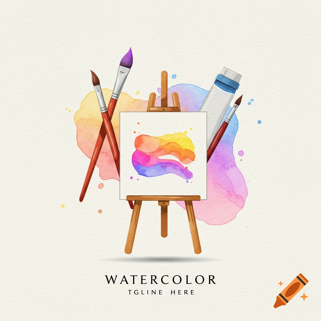 Watercolor illustration of painting supplies, including an easel, brushes, and paint tube, with colorful washes.