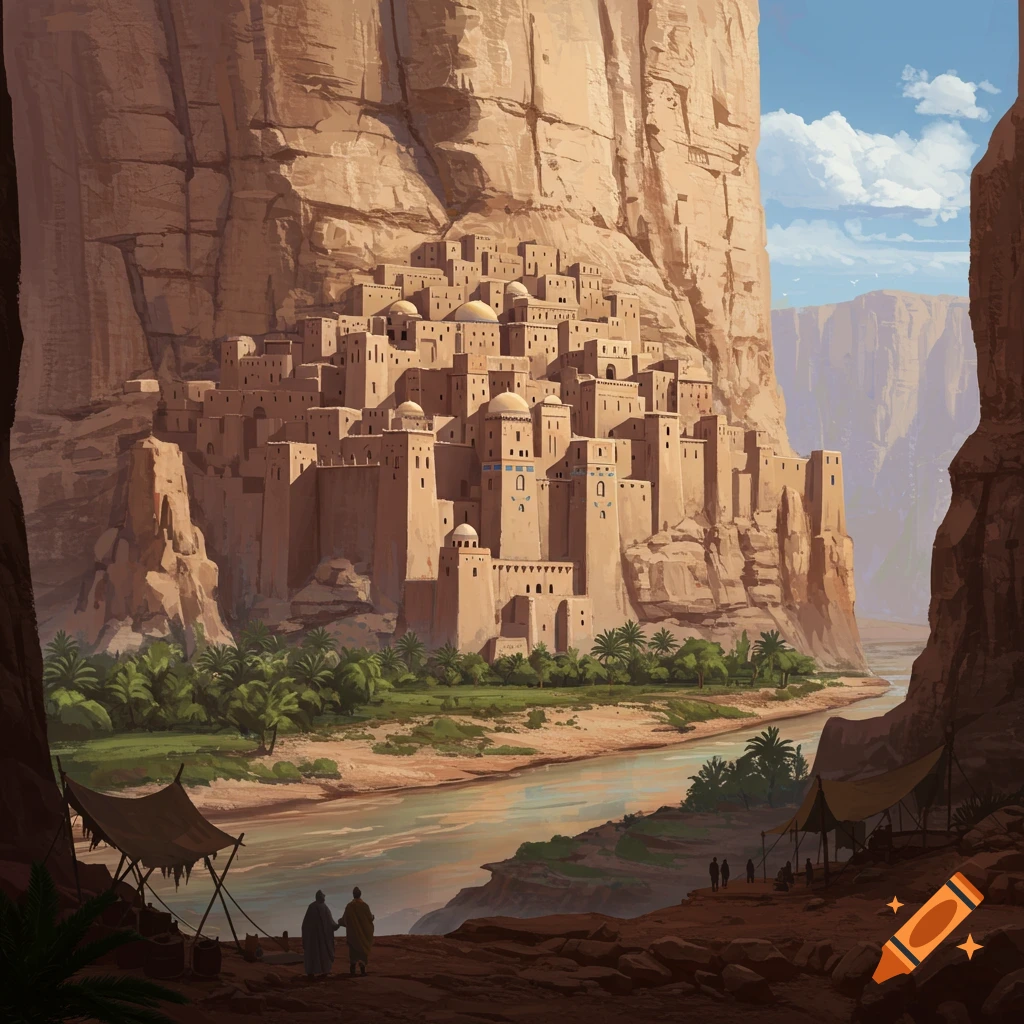 An ancient village built into a massive cliff face in a desert canyon with a river.