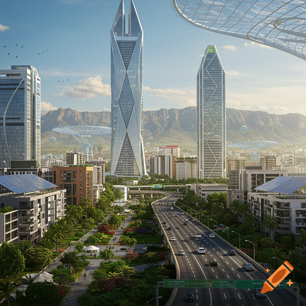 A futuristic cityscape with tall skyscrapers, elevated highway, and parks against mountains.
