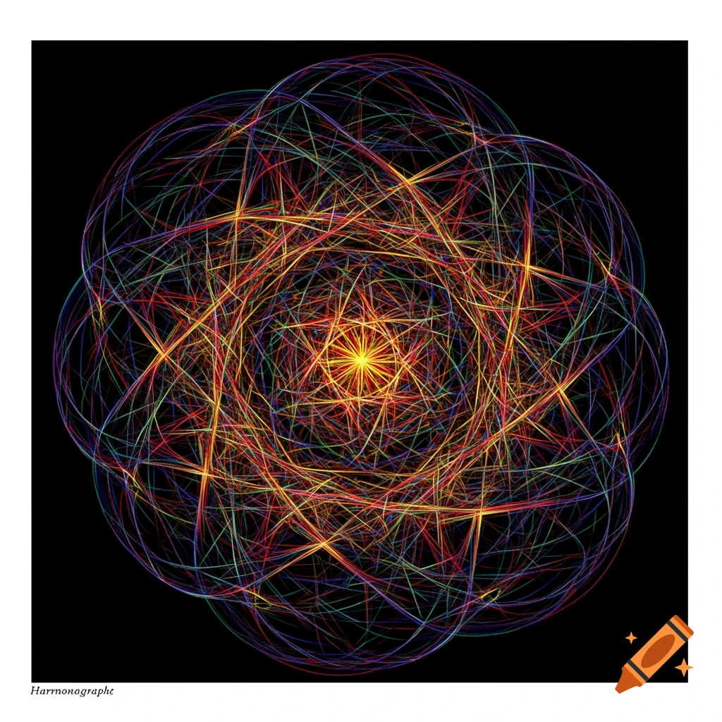 An intricate abstract pattern of colorful overlapping lines and circles on a black background.