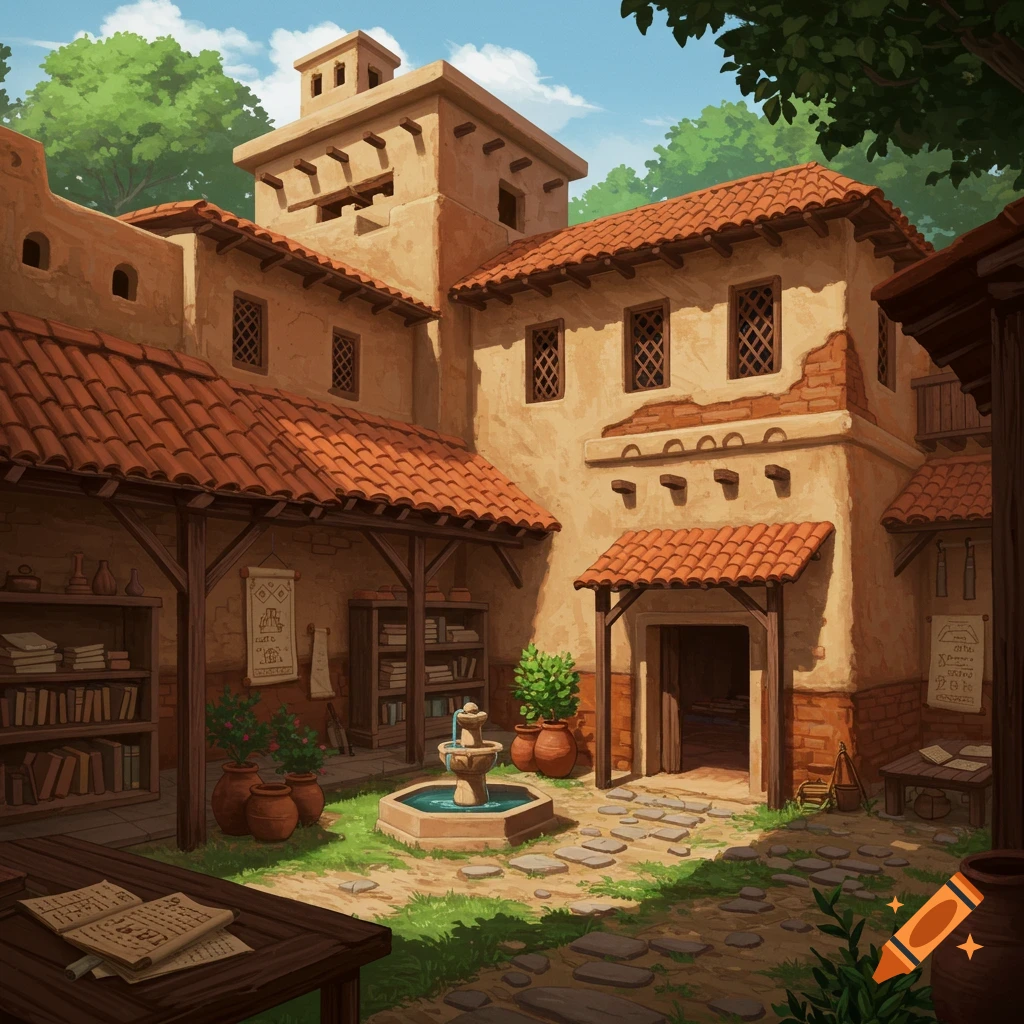 A sunny ancient courtyard with a fountain, books, and buildings.