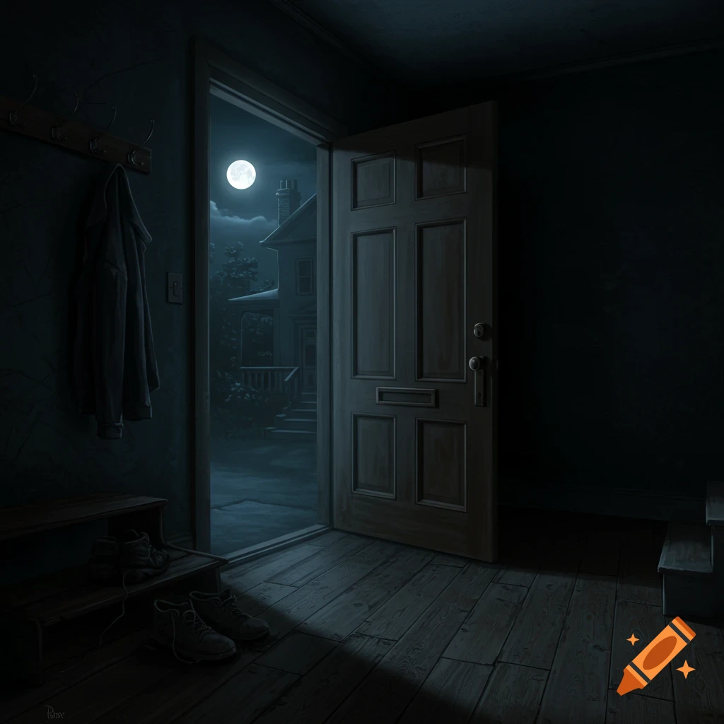 Dark interior of an old house with a door open to a moonlit night view of the exterior. Features coat rack, jacket, and shoes.