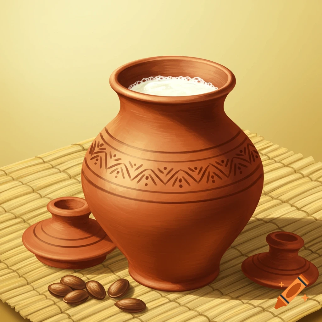 A traditional clay pot is filled with liquid, and placed on a mat alongside two lids and almonds.