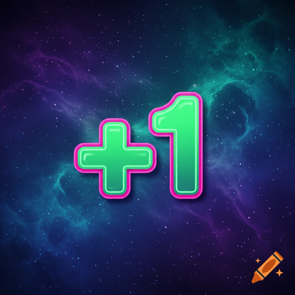 A bright green plus one symbol with a pink outline against a colorful space nebula background.