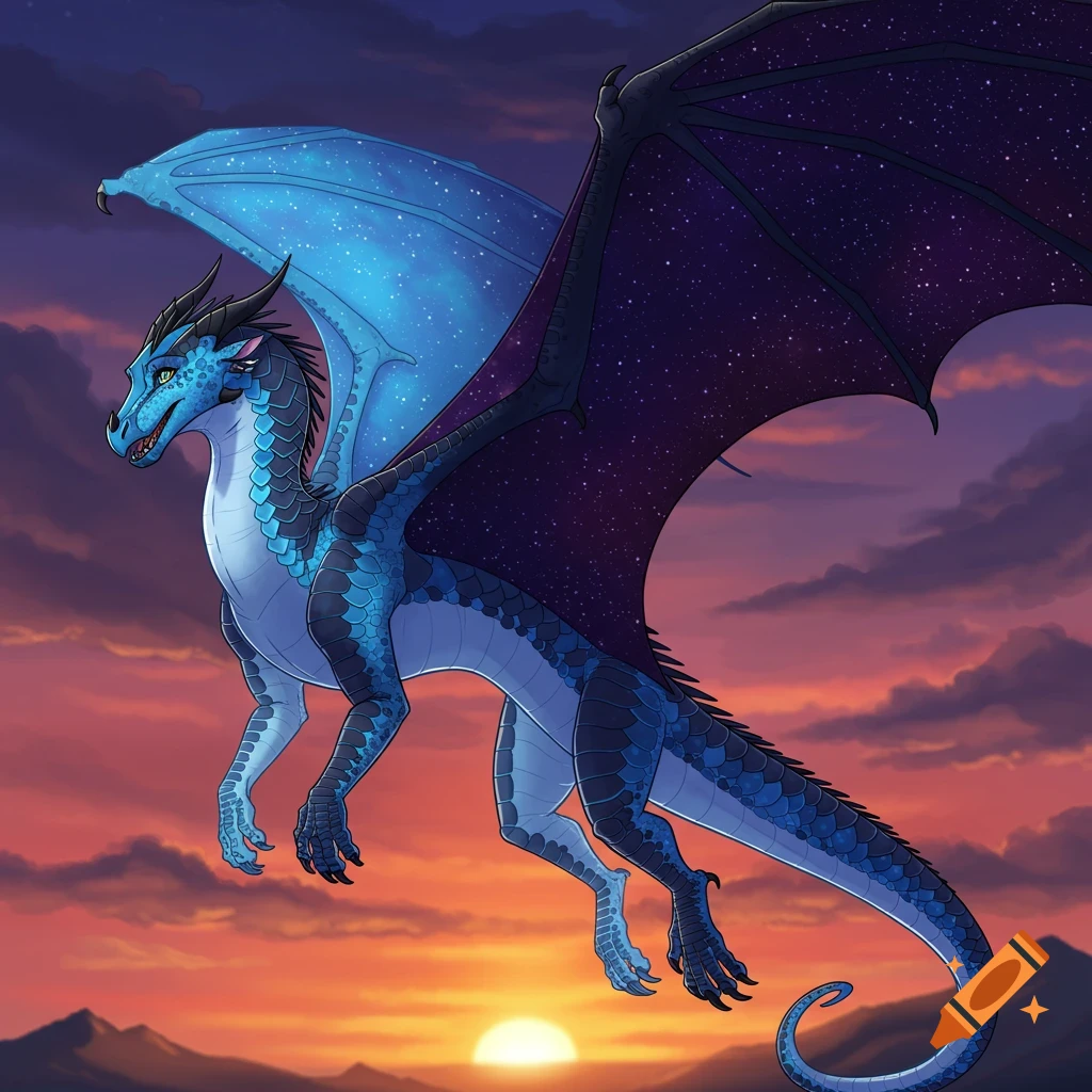 A blue fantasy dragon with starry wings flies against a sunset sky.