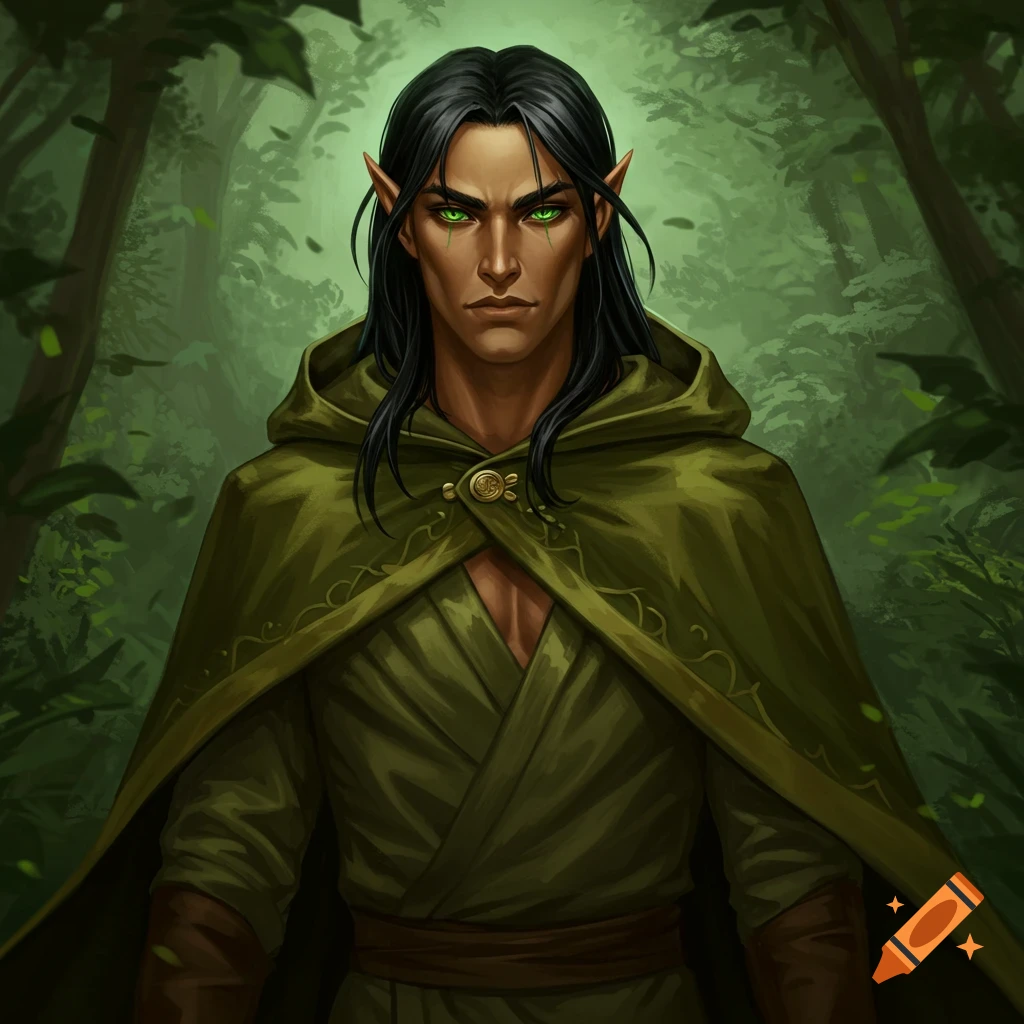 A male wood elf with black hair and green eyes wearing an olive green hooded cloak, standing in a forest.