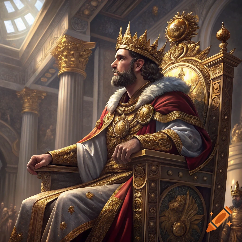 A king with a beard and golden crown sits on an ornate throne in a grand hall.