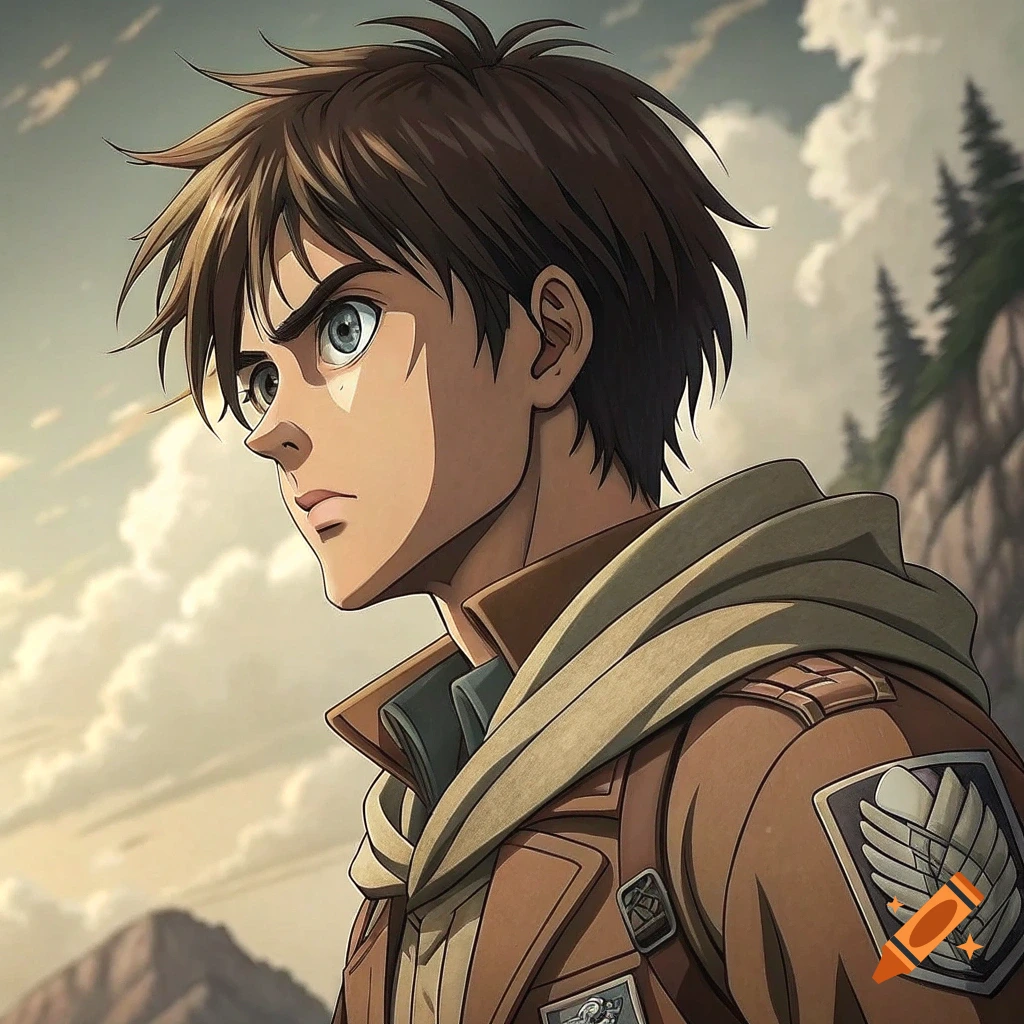 Anime portrait of Eren Jaeger in Survey Corps uniform looking determined, outdoor background