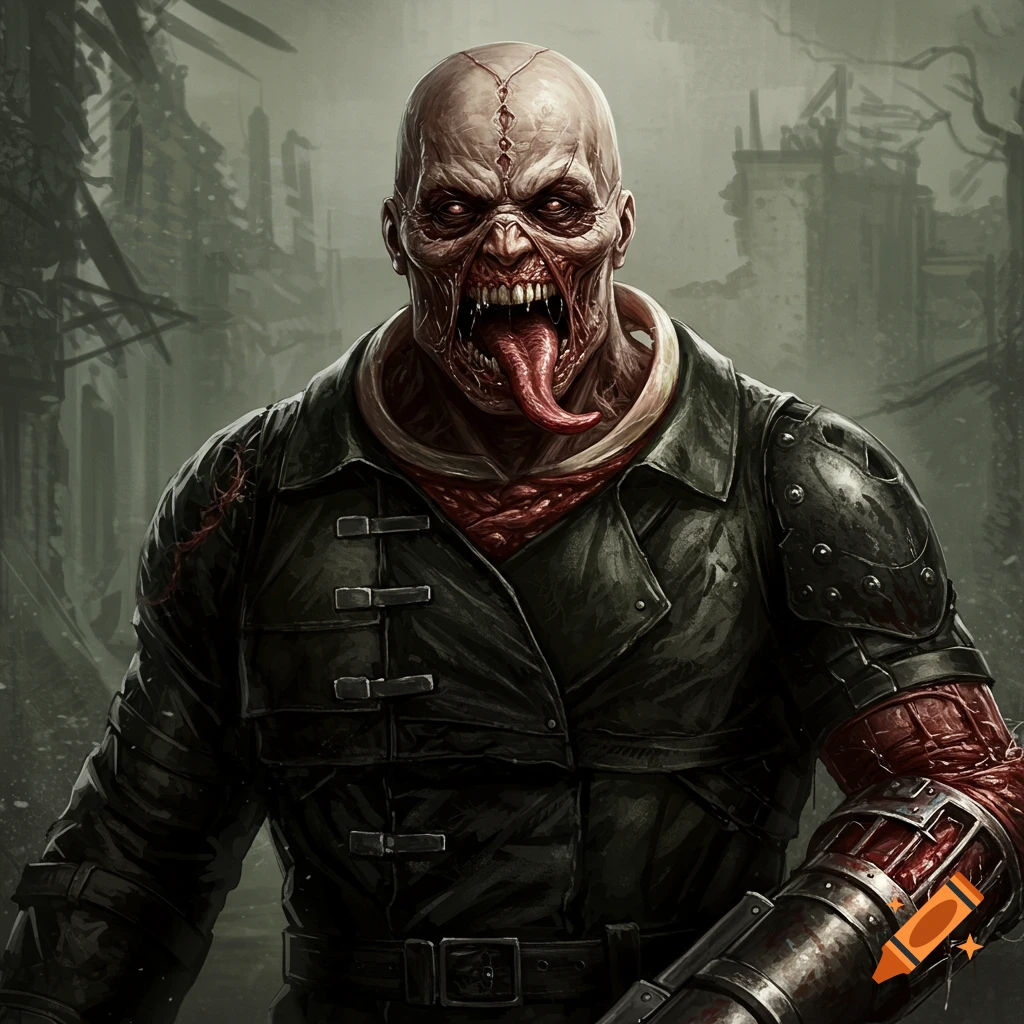 A grotesque monster with teeth and a long tongue, wearing a coat, standing in a ruined city.