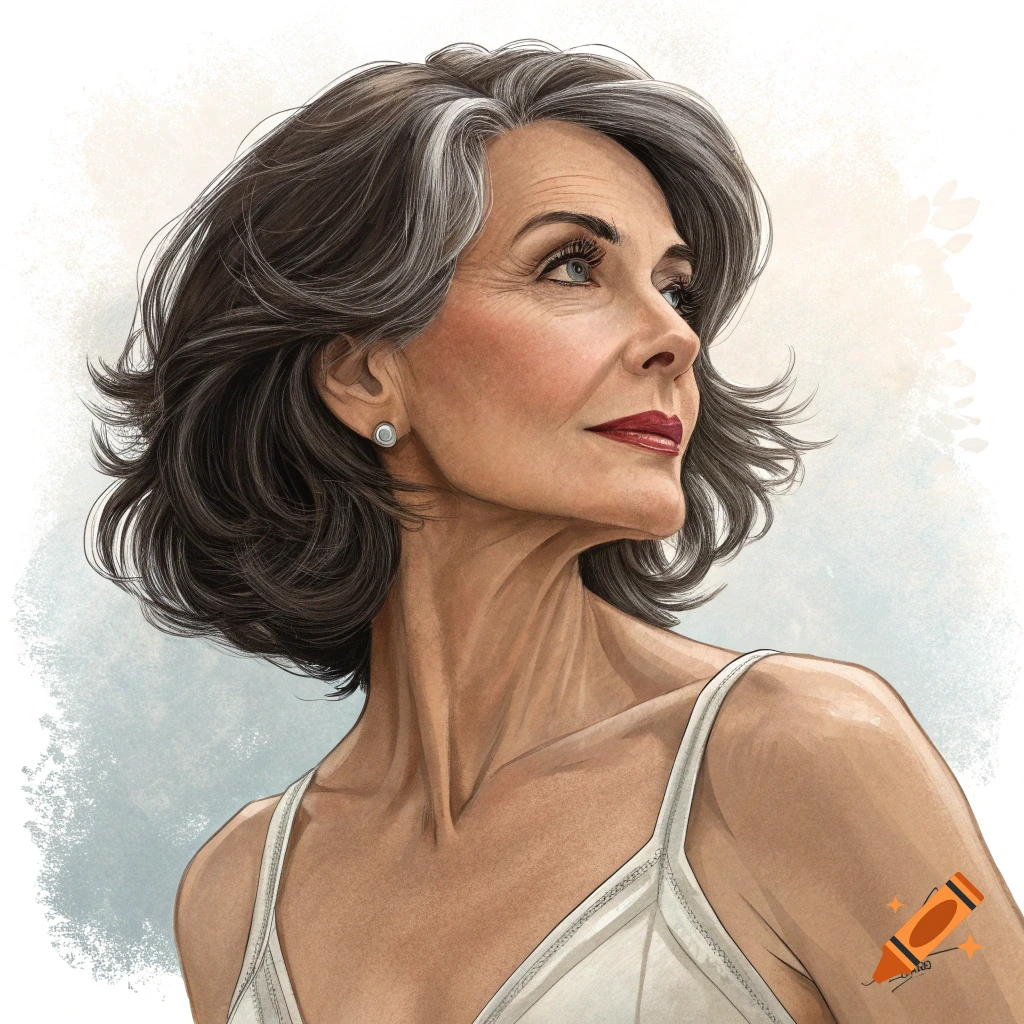Illustration portrait of an older woman with graying hair looking upwards.