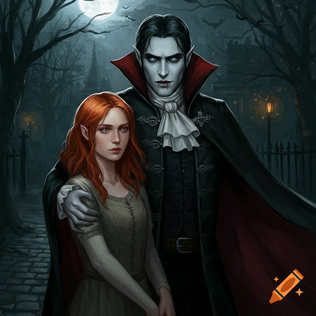 A vampire in a cape stands behind a woman with red hair in a gothic street scene at night under a full moon.