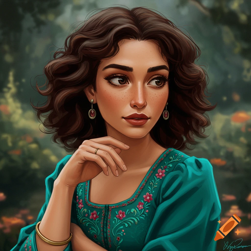 A woman with curly brown hair in a green embroidered dress.