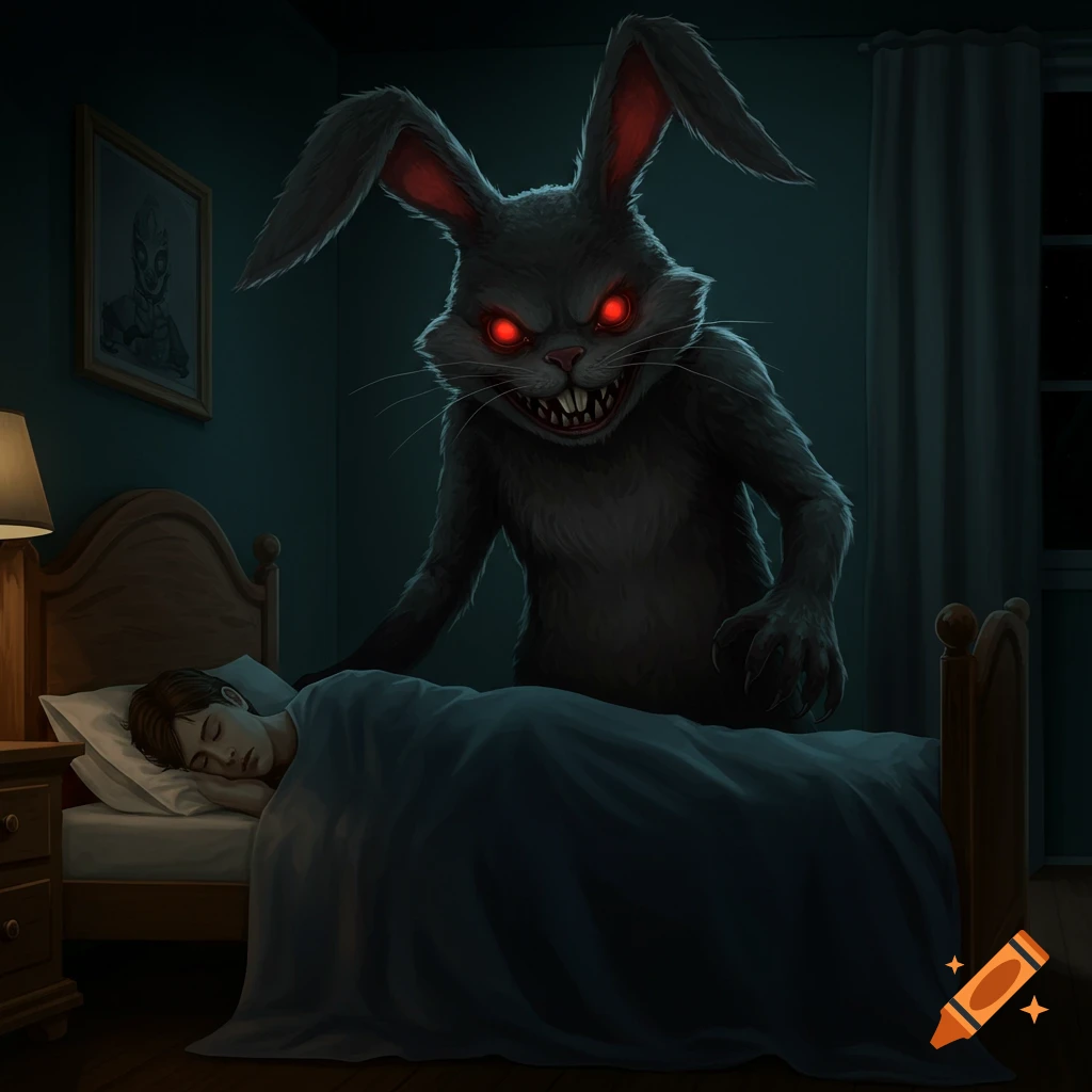 A monstrous rabbit with red eyes stands over a sleeping person's bed in a dark room.