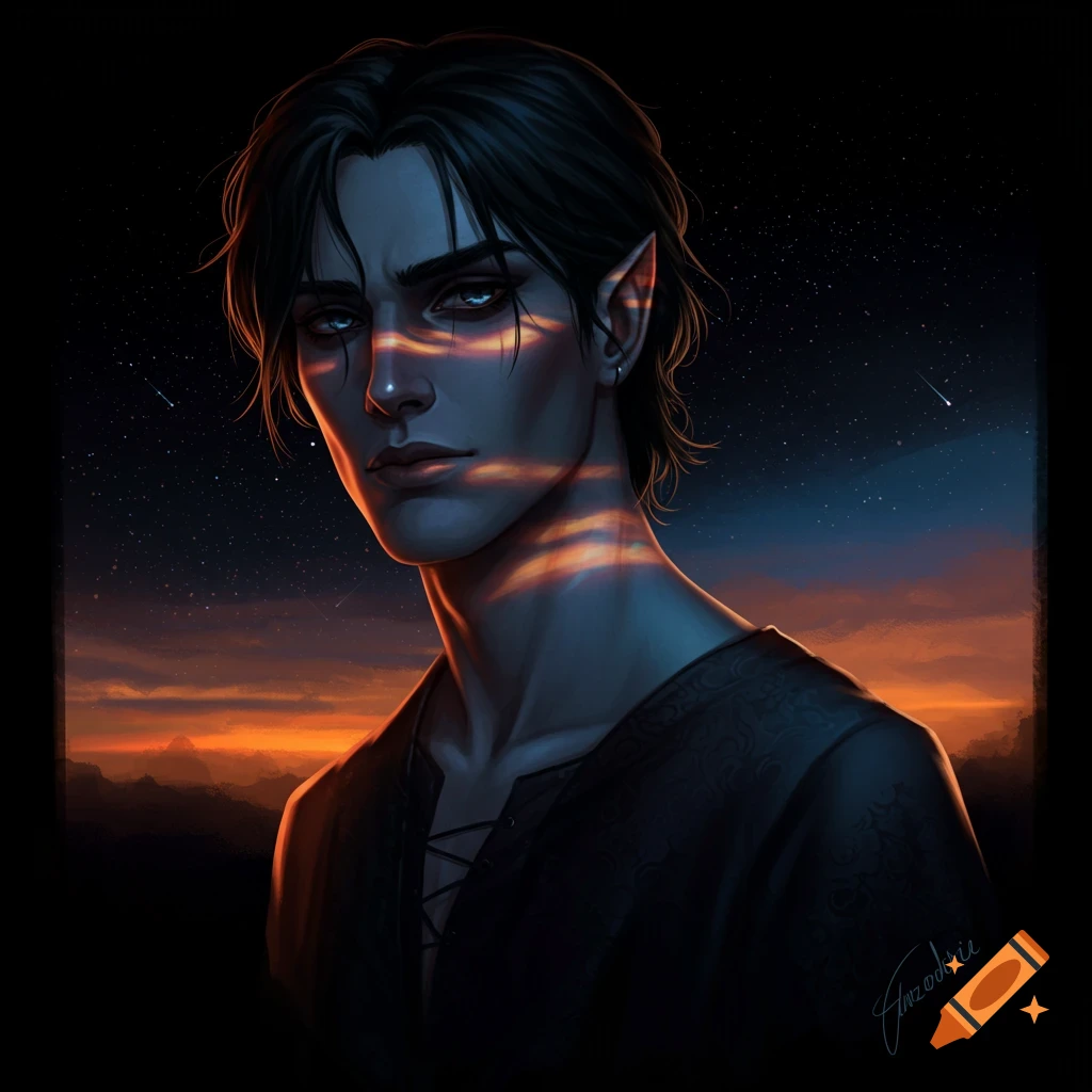 Image of a dark-haired man with pointed ears against a sunset and starry sky, with light streaks on his face.