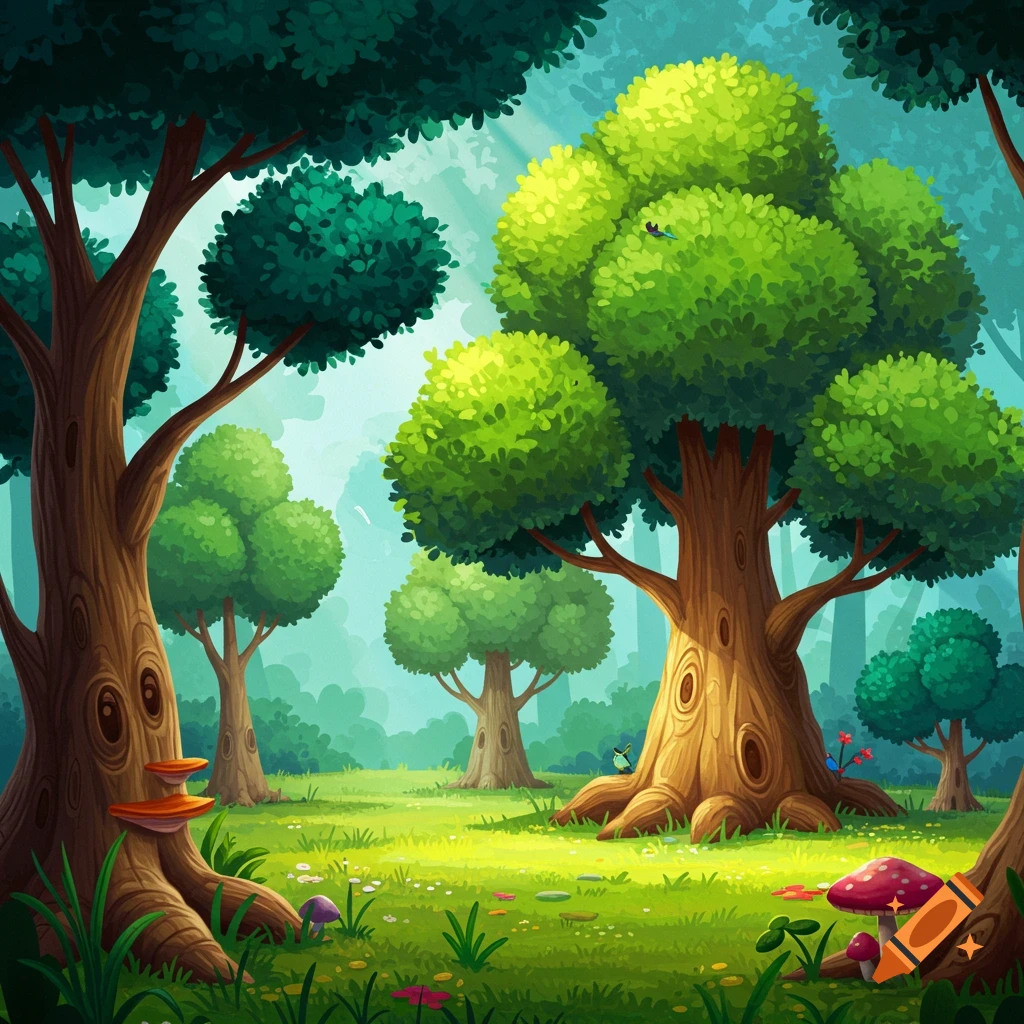 Cartoon illustration of a lush forest with large trees, grass, and mushrooms.