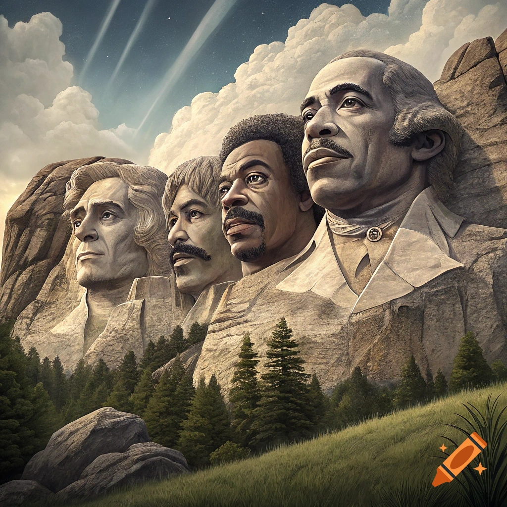 Realistic rendering of four comedian faces carved into a mountain like Mount Rushmore.