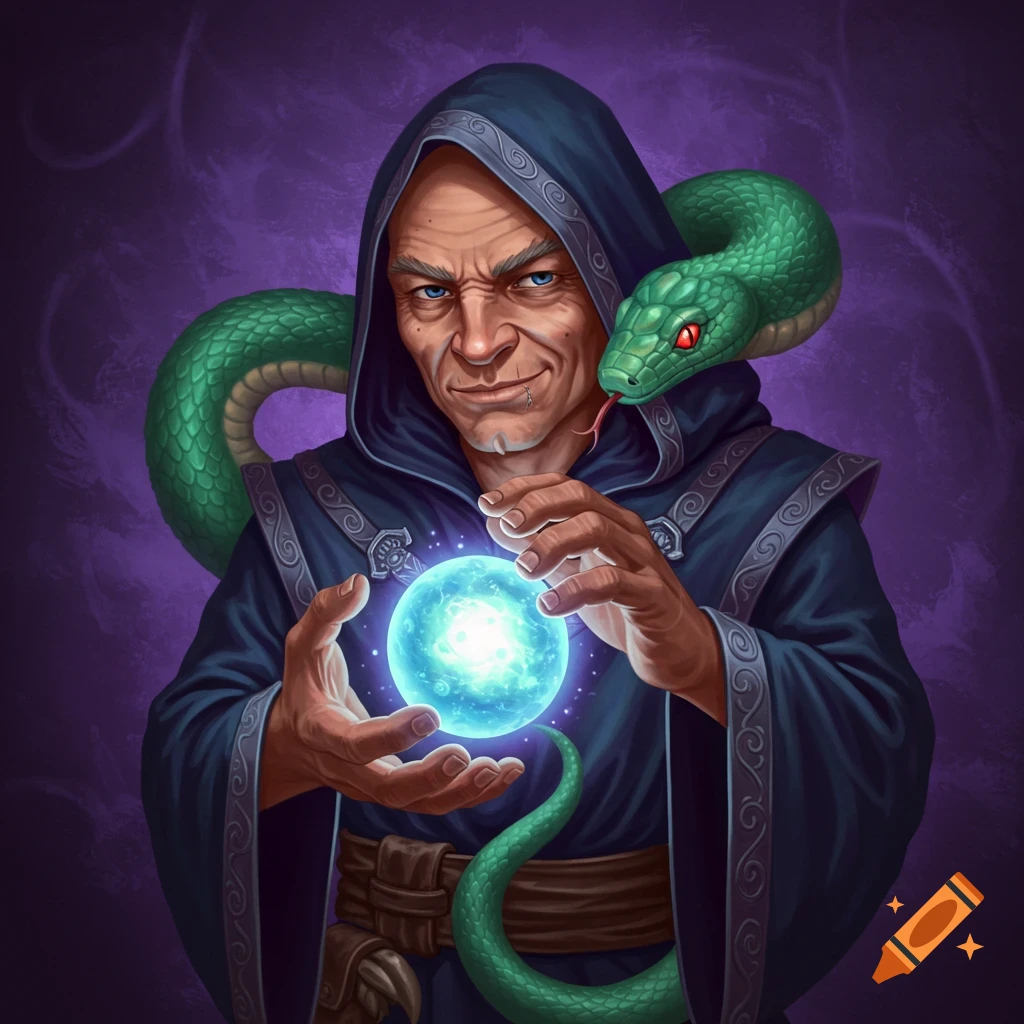 A hooded figure is holding a glowing orb with a green snake on his shoulder.
