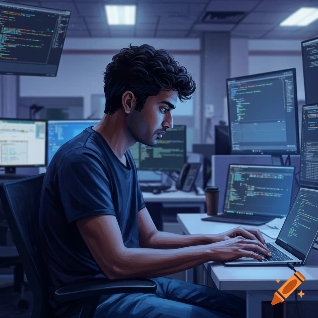 A software engineer working on a laptop in an office with multiple screens displaying code.