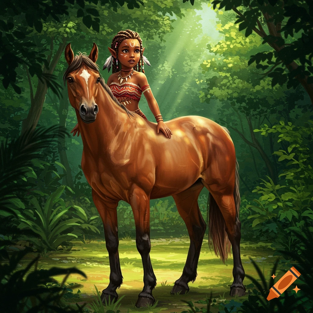 A young girl with tribal markings and feathers rides a horse in a sunny forest.