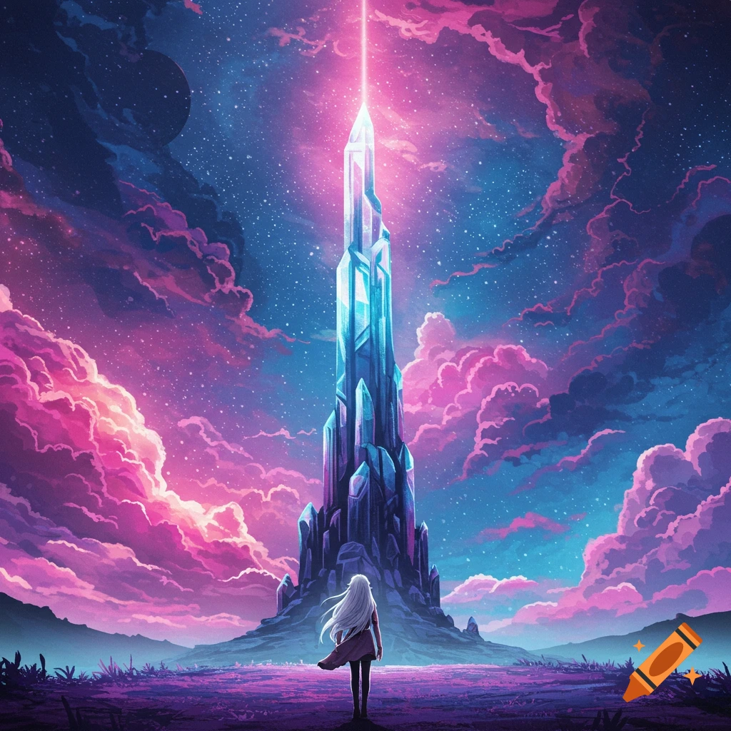 A person looks at a giant glowing crystal tower in a vibrant pink and purple fantasy landscape under a starry sky.
