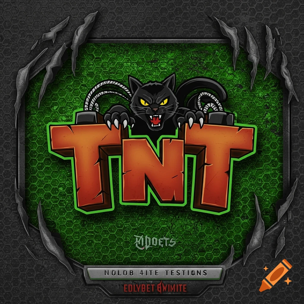 A fierce black cat attacks dynamite shaped like TNT letters, set against a green honeycomb background with claw marks.
