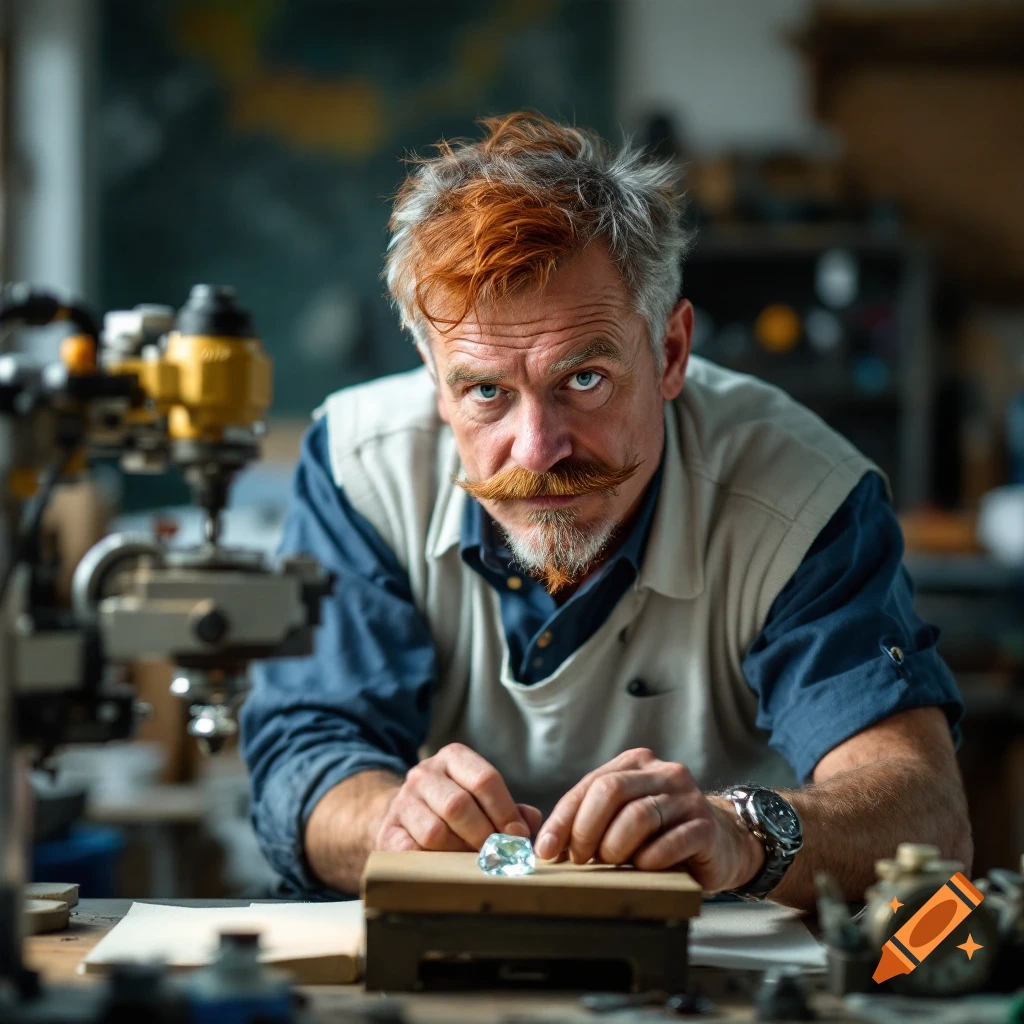 A man with a mustache and beard examines a gemstone at a workbench.