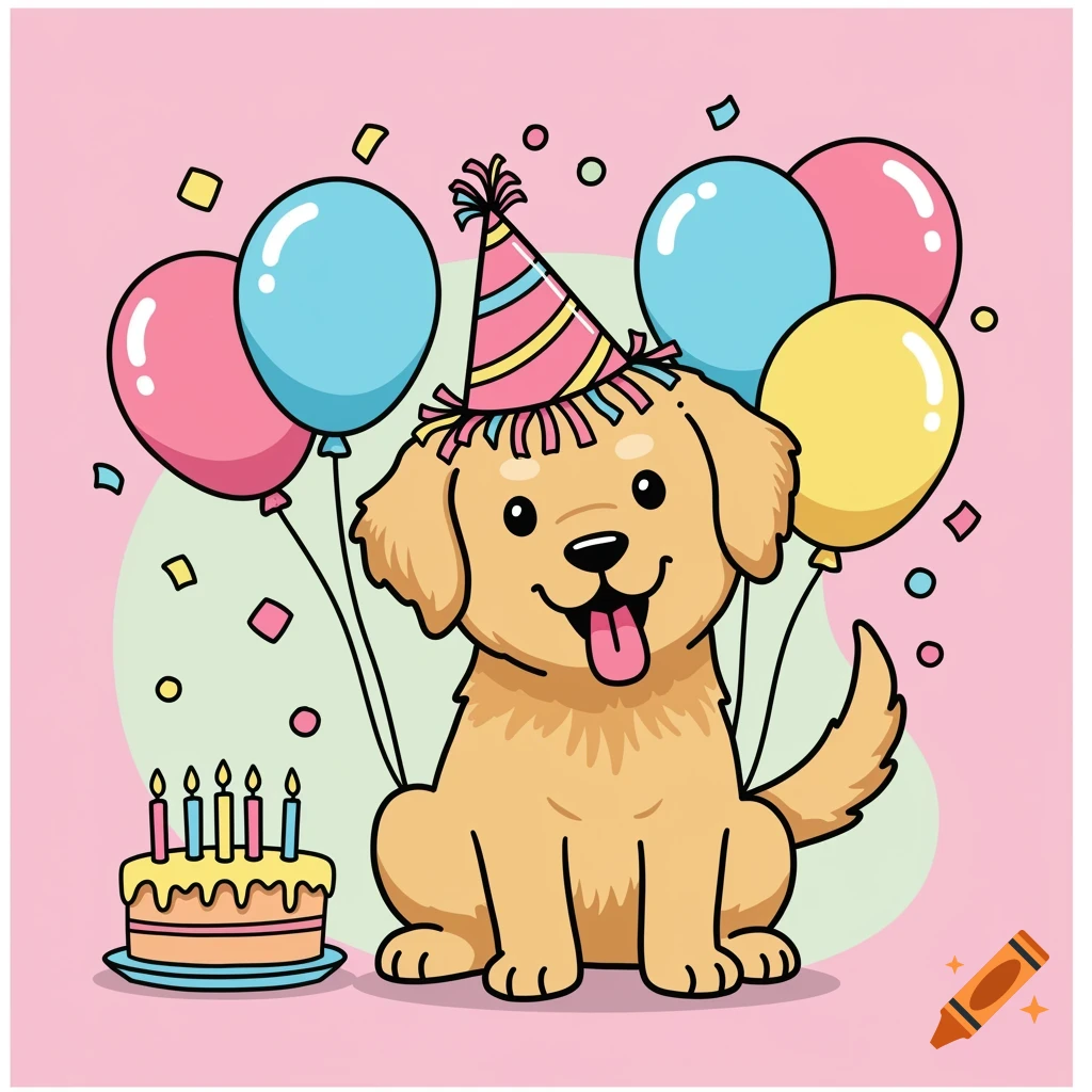 Cartoon illustration of a golden retriever puppy celebrating its birthday with balloons and cake.
