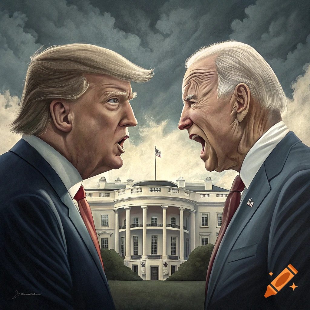 Caricatures of Donald Trump and Joe Biden screaming at each other in front of the White House, digital art.