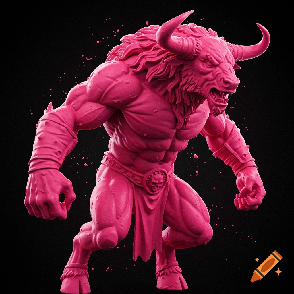 A muscular pink minotaur figure or sculpture covered in pink paint splatters against a black background.