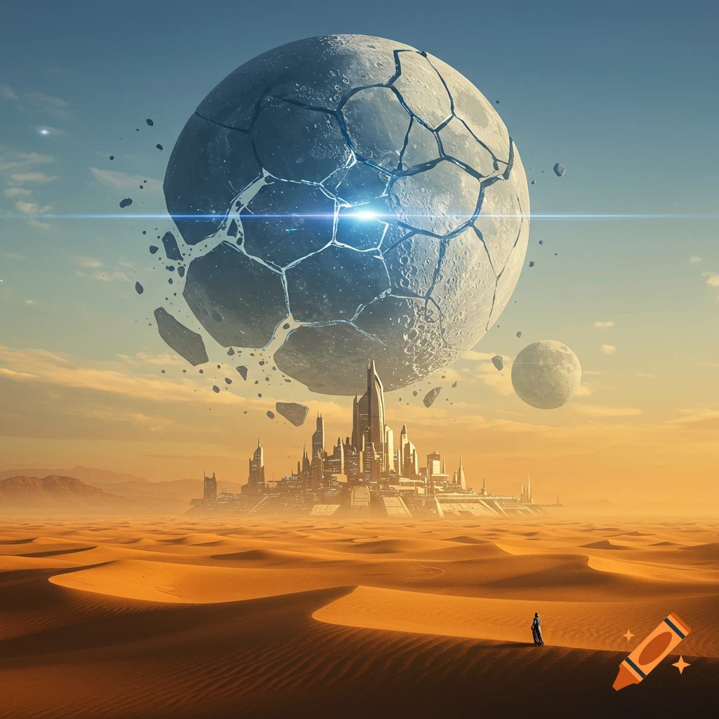 A shattered moon hangs above a futuristic city in a desert.