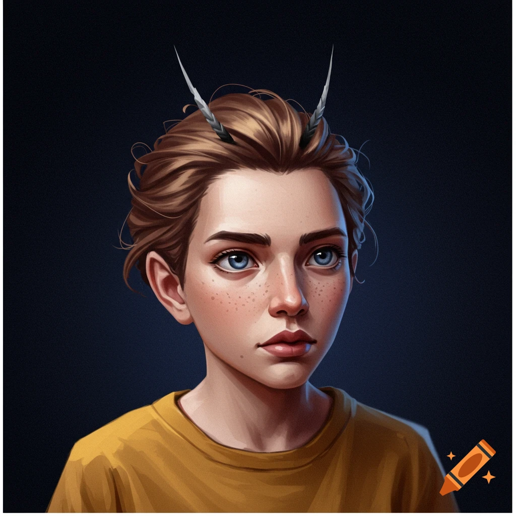 A young person with horns, freckles, and blue eyes.