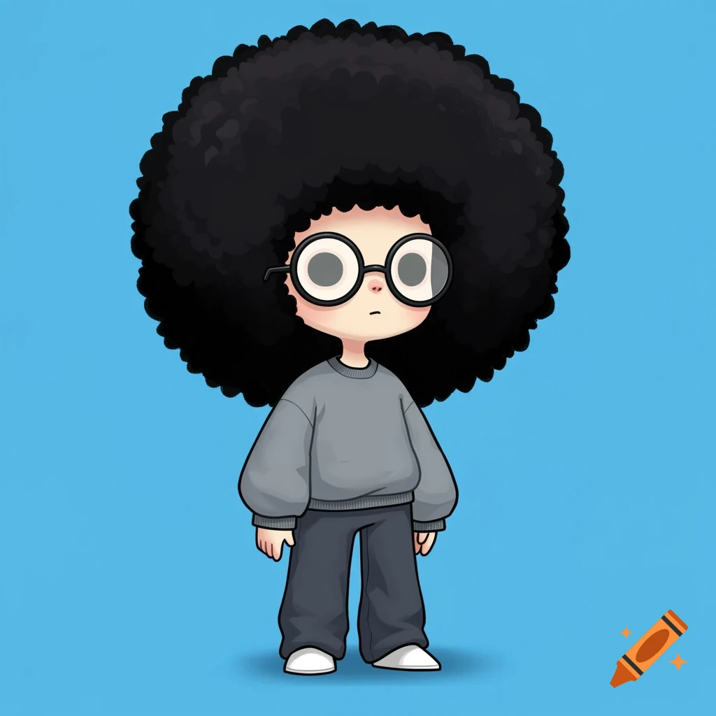 Cartoon person with large afro and glasses, wearing a grey sweatsuit and dark pants, on a blue background.