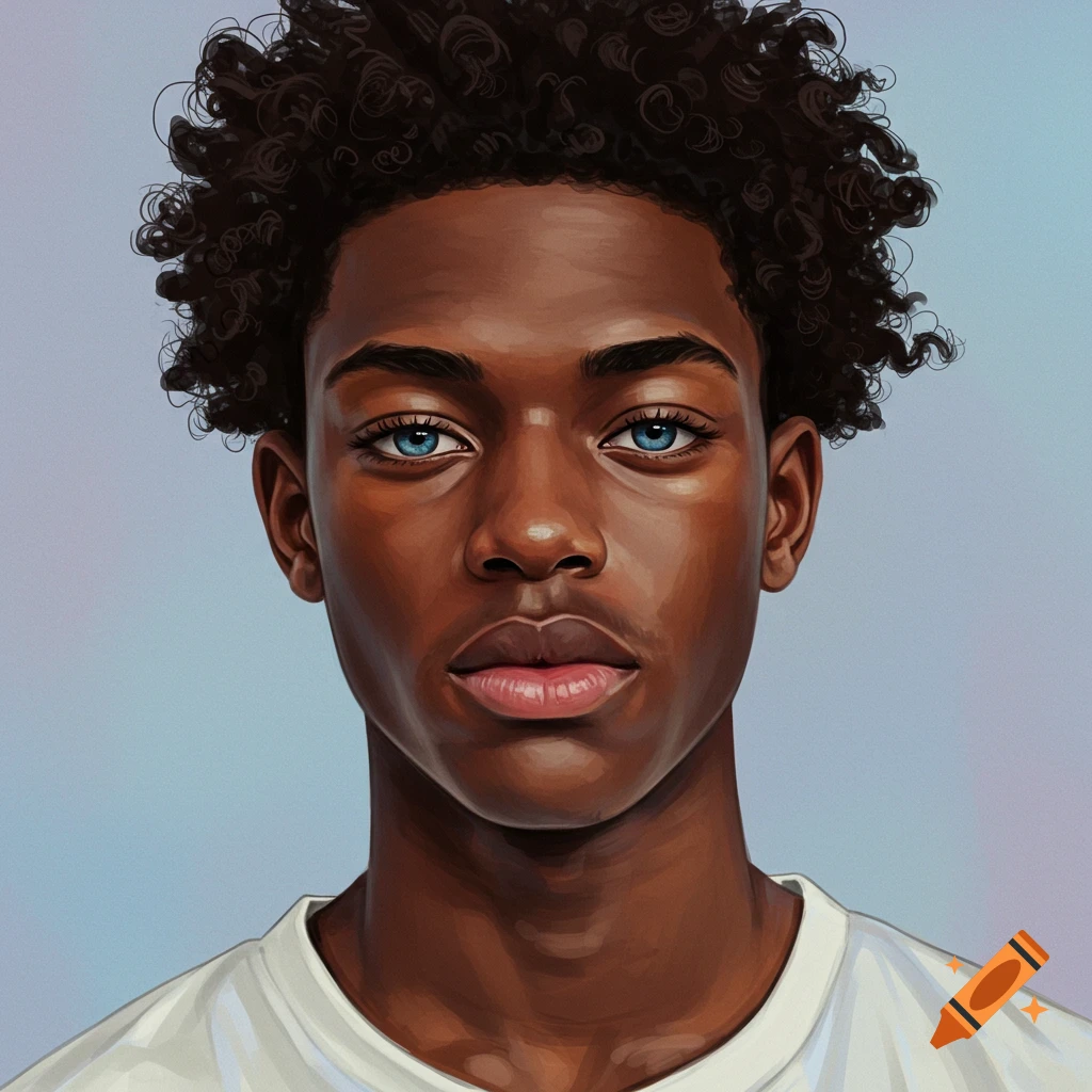 Portrait of a young man with dark skin, curly dark hair, and striking blue eyes.