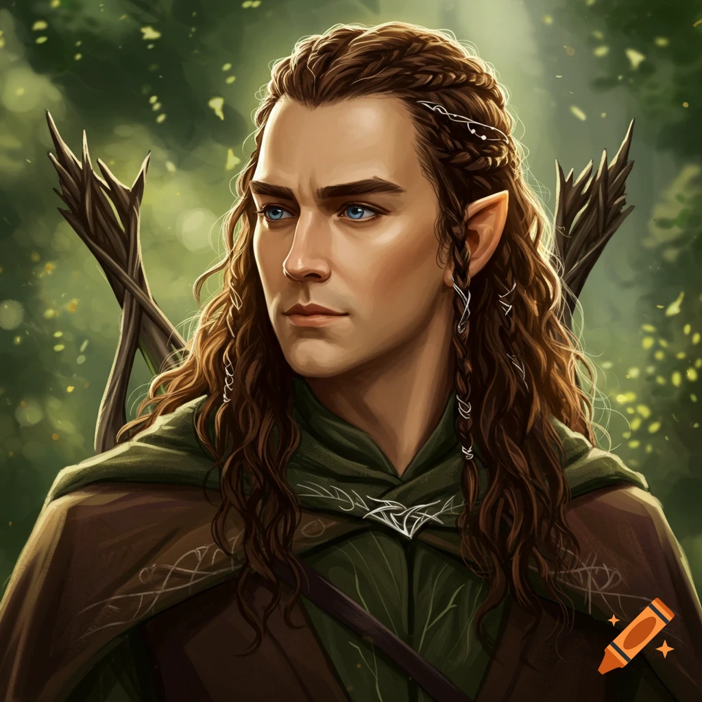 An elf character with long brown hair and elven ears is in a forest setting.