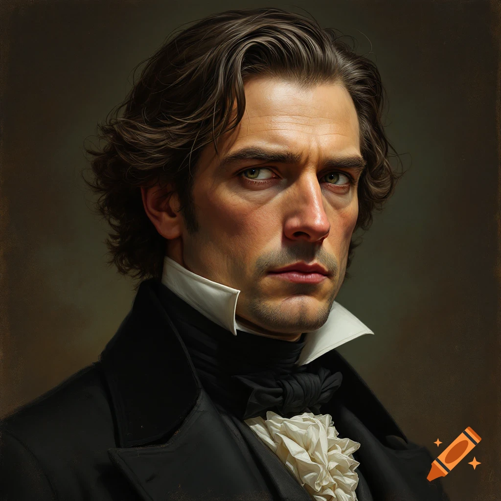 Photorealistic portrait of a man in historical attire looking to the side.
