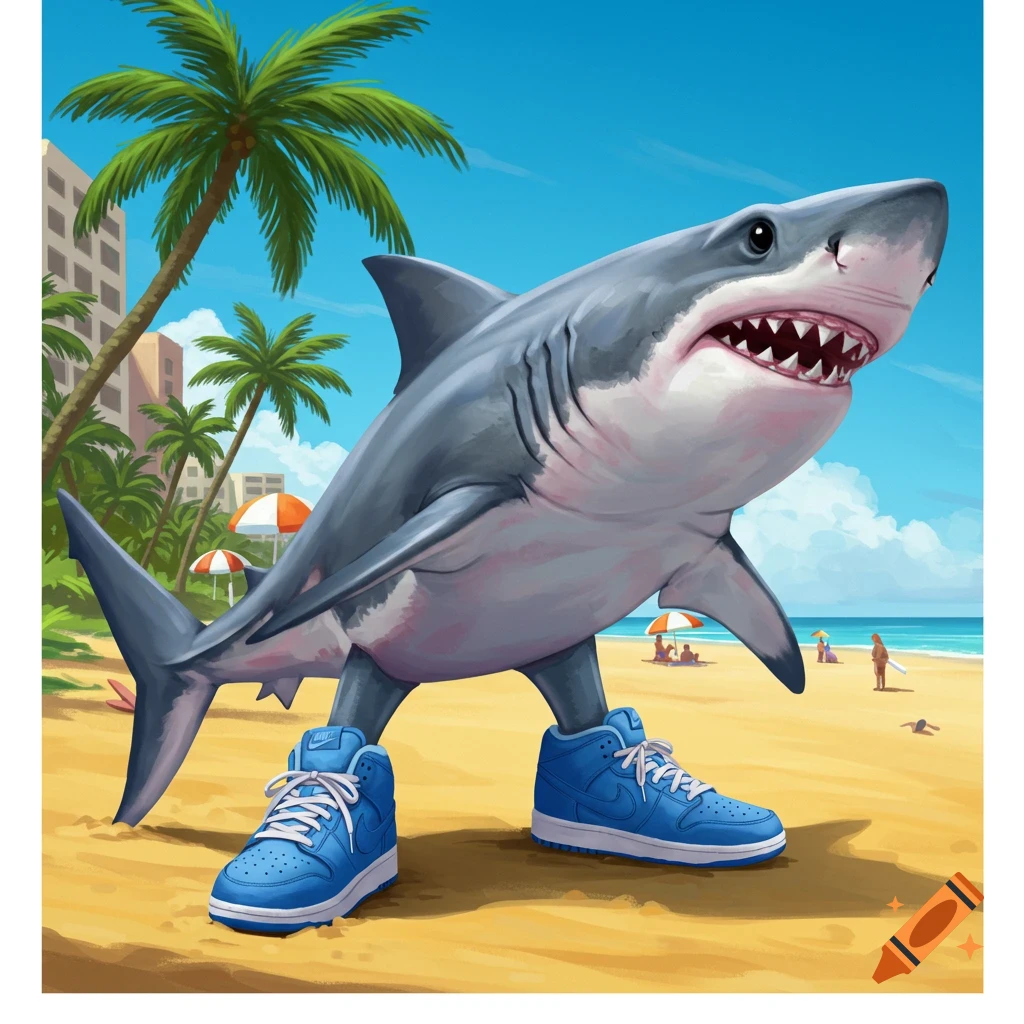 Cartoon shark standing on a beach wearing blue sneakers.