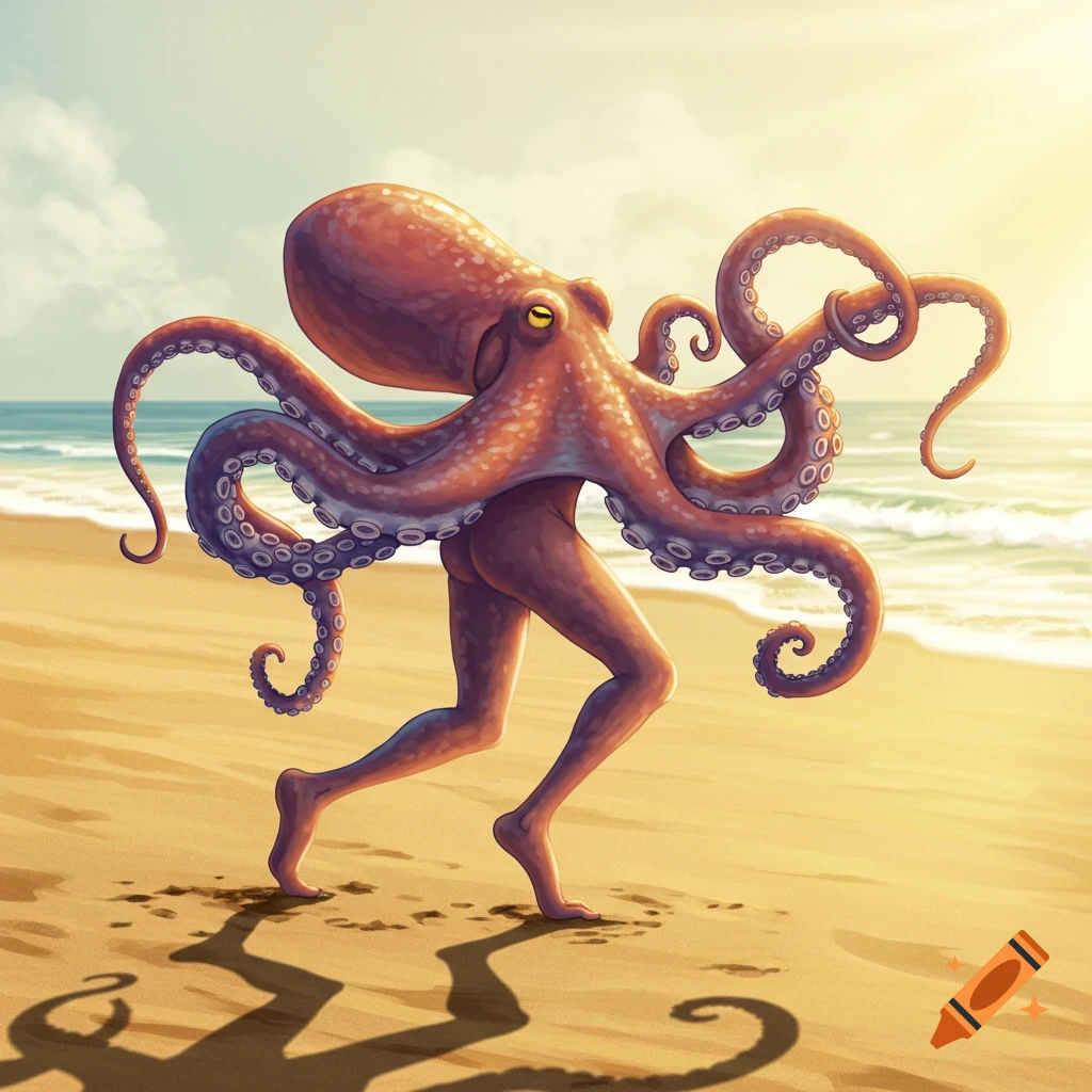 A surreal image of an octopus with human legs walking on a beach.