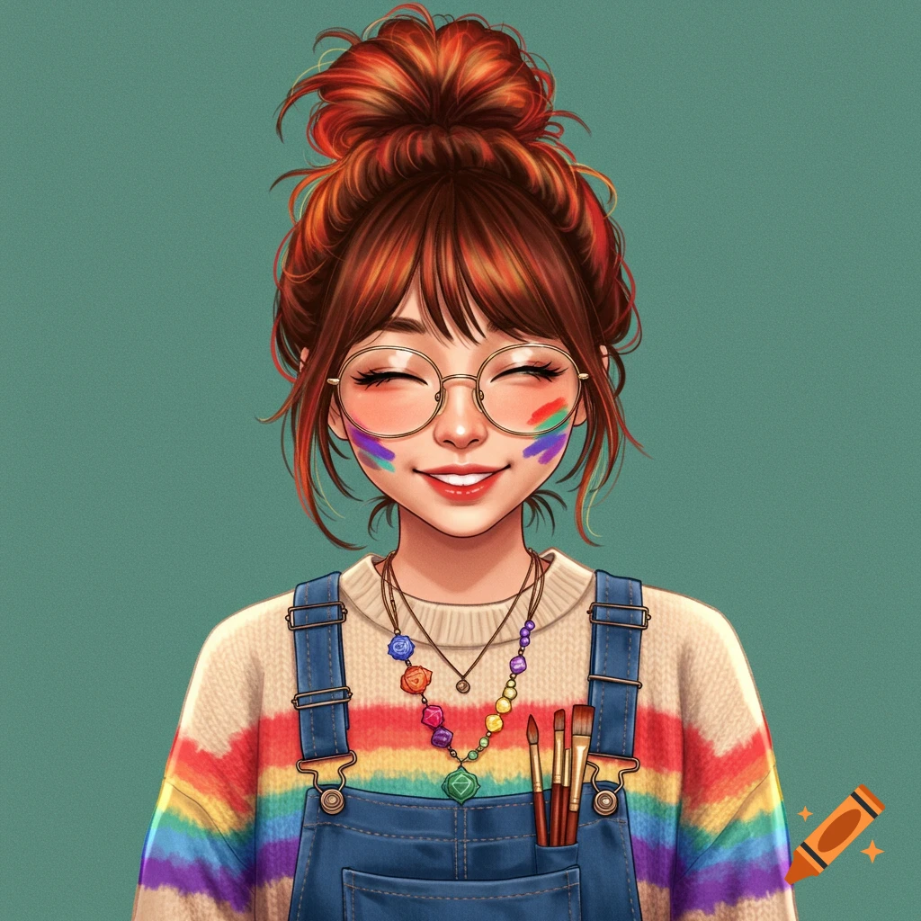 A smiling girl with a messy bun, glasses, rainbow sweater, overalls, and paint on her cheeks.