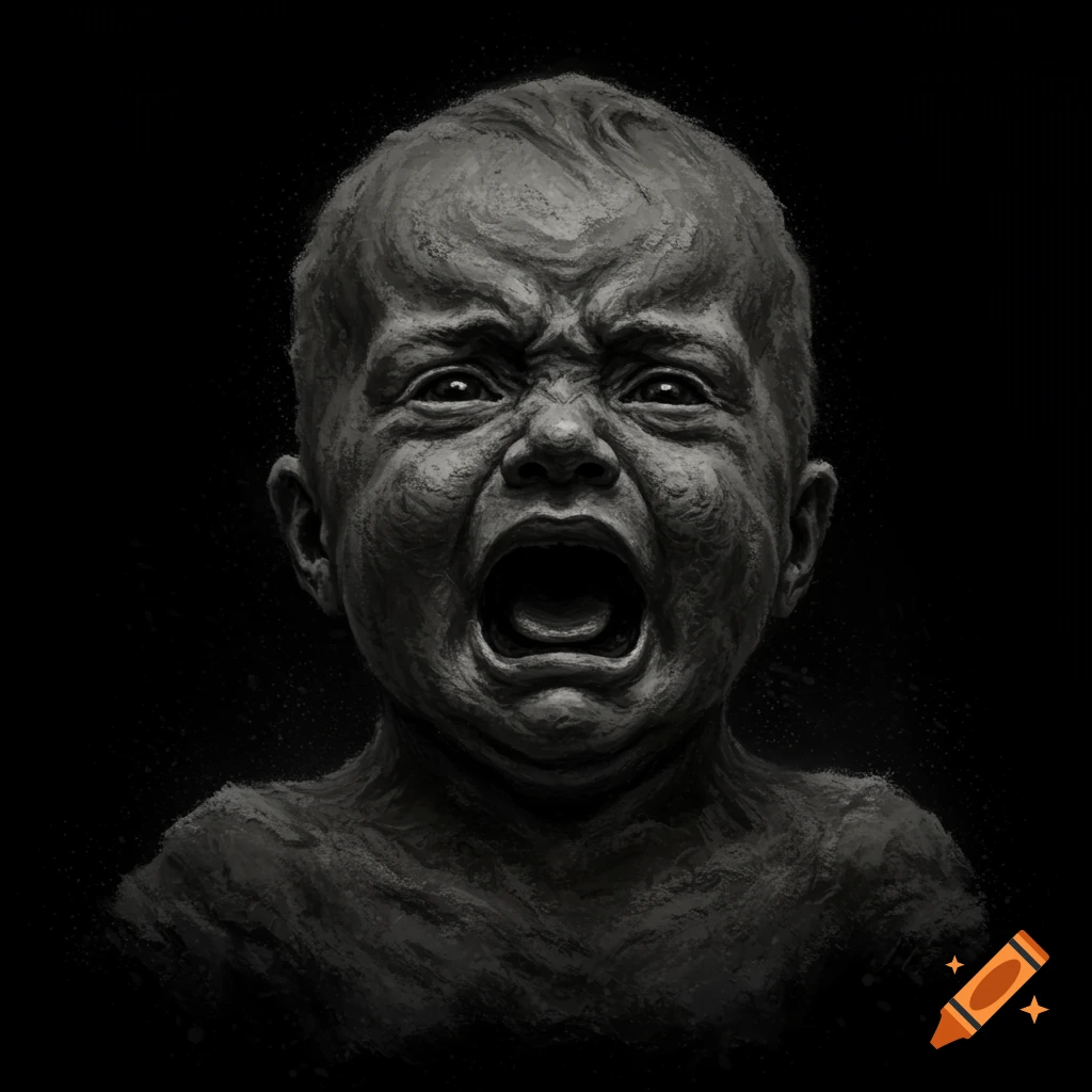 A close-up in grayscale shows a baby's face contorted in a scream, rendered in textured ash.