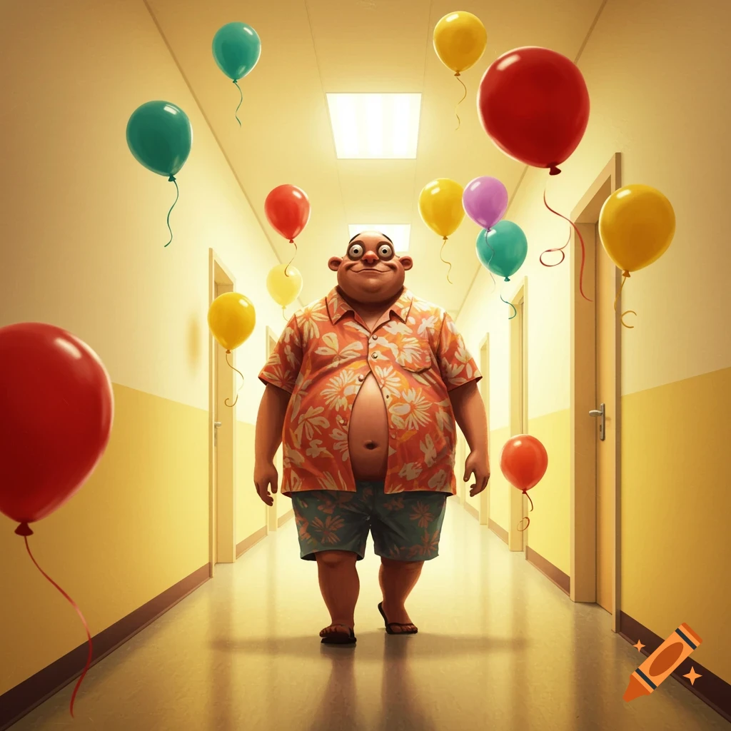 A cartoon man with small eyes is walking down a hallway filled with balloons.