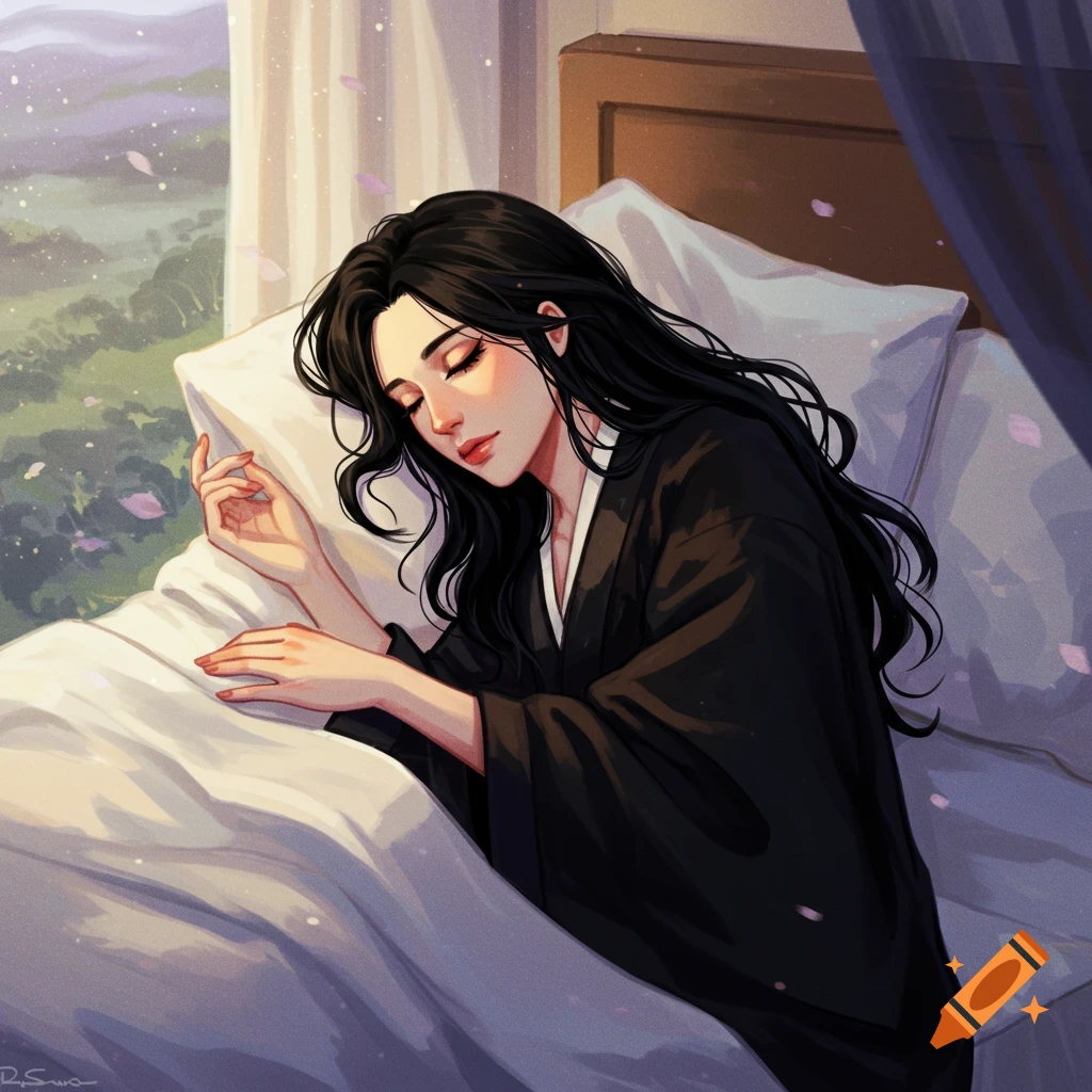 A woman sleeping in bed in a black kimono, with cherry blossoms.