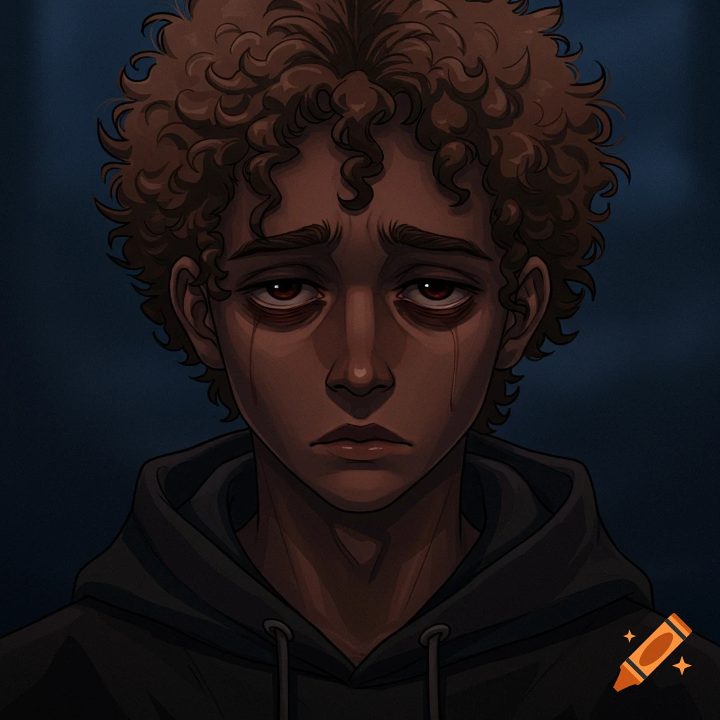 Anime style portrait of a sad or crying male with dark skin and curly hair wearing a dark hoodie.