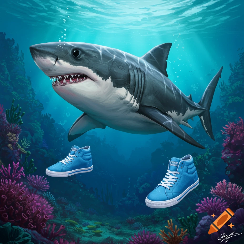 A shark swimming underwater near blue high-top sneakers over a coral reef.