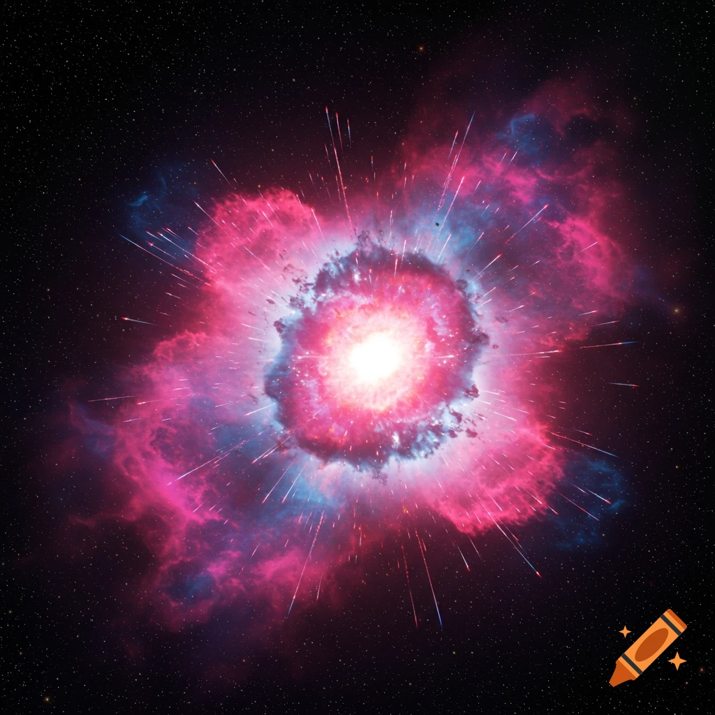 A bright star exploding in space with pink and blue nebulous clouds and streaks of light.
