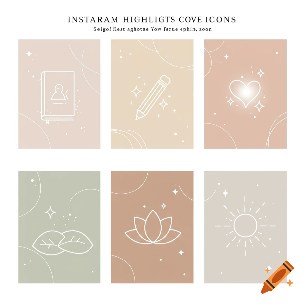 Six minimalist line art icons (book, pencil, heart, sparkles, lotus, sun) on soft pastel backgrounds.
