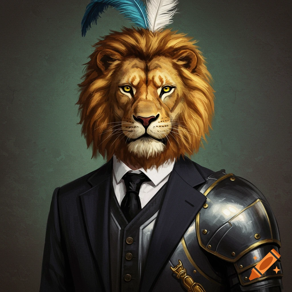A lion's head on a body wearing a suit and armor with a feather on its head.